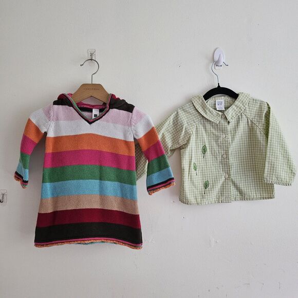 Baby Gap Y2K Outfit Set – Striped Hoodie Dress & Green Blouse – Size 12–18M - Picture 2 of 8